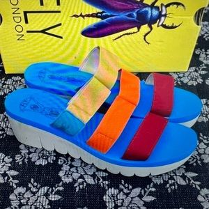 Fly London 🌈 Yian Multi/Azure Women’s 3-banded slide sandals 🌴